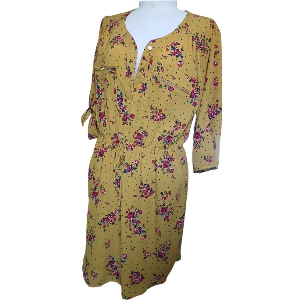 Justify Floral Mini Dress Size L|Mustard Yellow Casual Boho Dress|Cinch Waist - Picture 3 of 6
